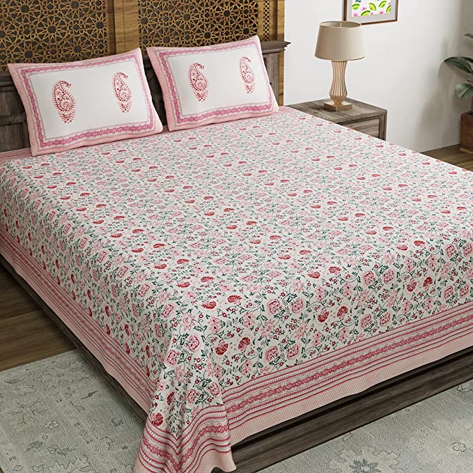 Hand Block Floral Printed 300 TC Cotton King Size Bedsheet (Pink Jaal, Pack of 1)